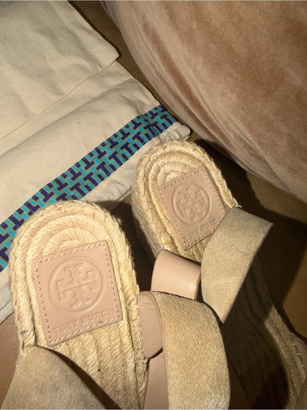 Tory Burch Beige Suede Espadrille Wedge Sandals